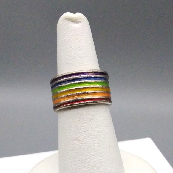 Vintage Wide Rainbow Band Ring, Silver Tone with Enamel Channels - Picture 1 of 5